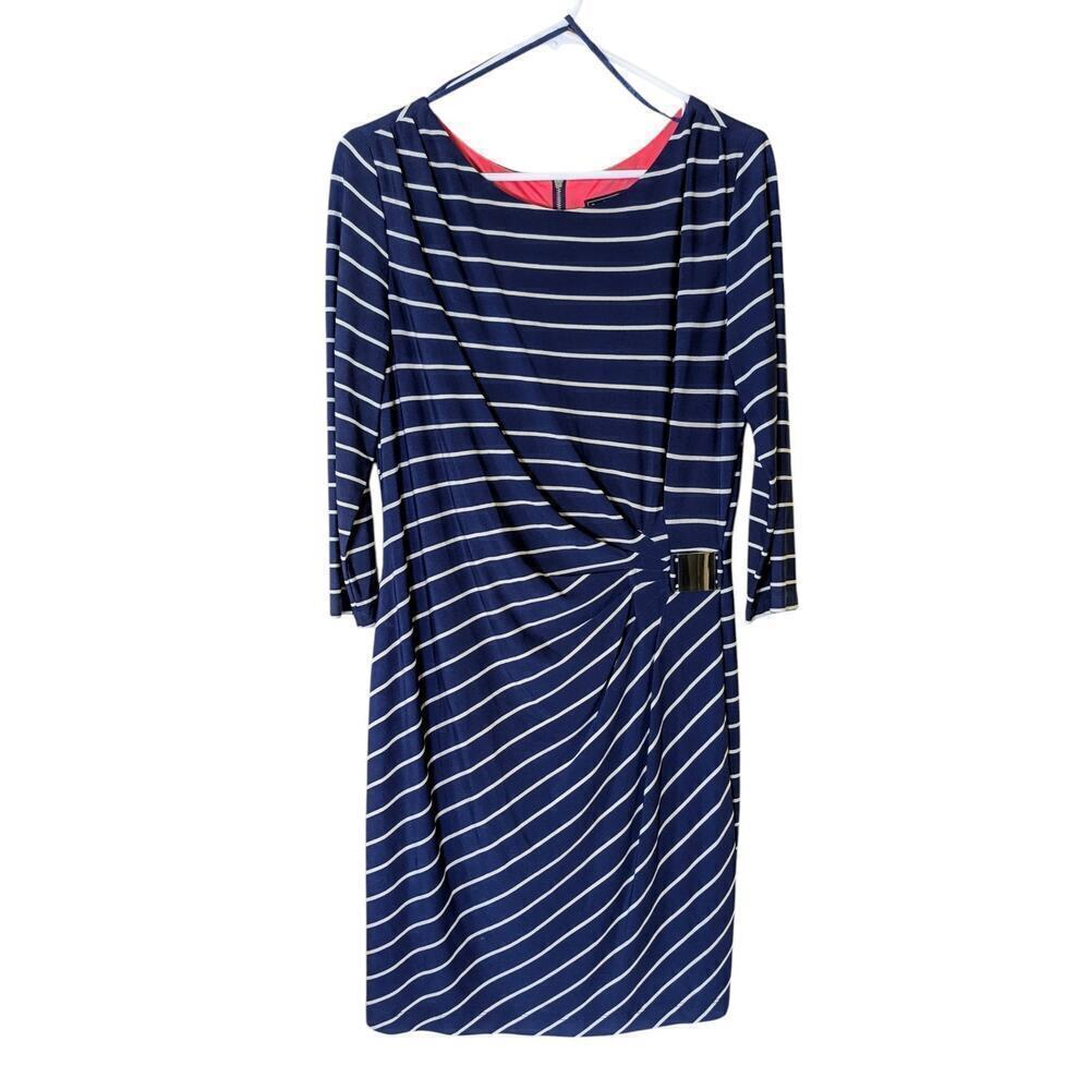 Jessica Howard Stretch Ruched Hip Sheath Dress Navy/White Stripes Size 12P